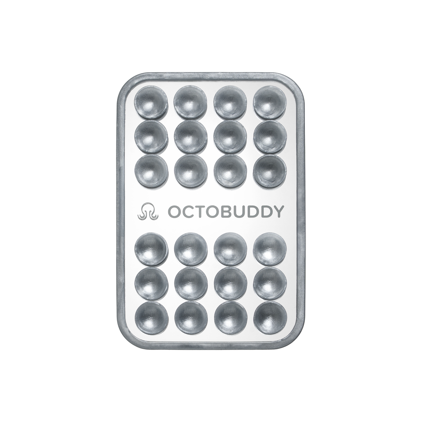 Silver Swirl mirror mount with gray silicone suction cups and Octobuddy logo